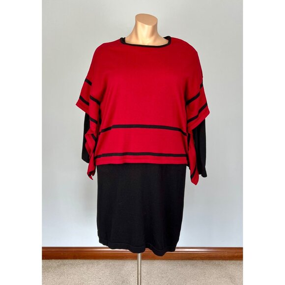 Nina Leonard Womens Plus 2 Piece Poncho Sweater Dress Black Red size 1X - Picture 2 of 16